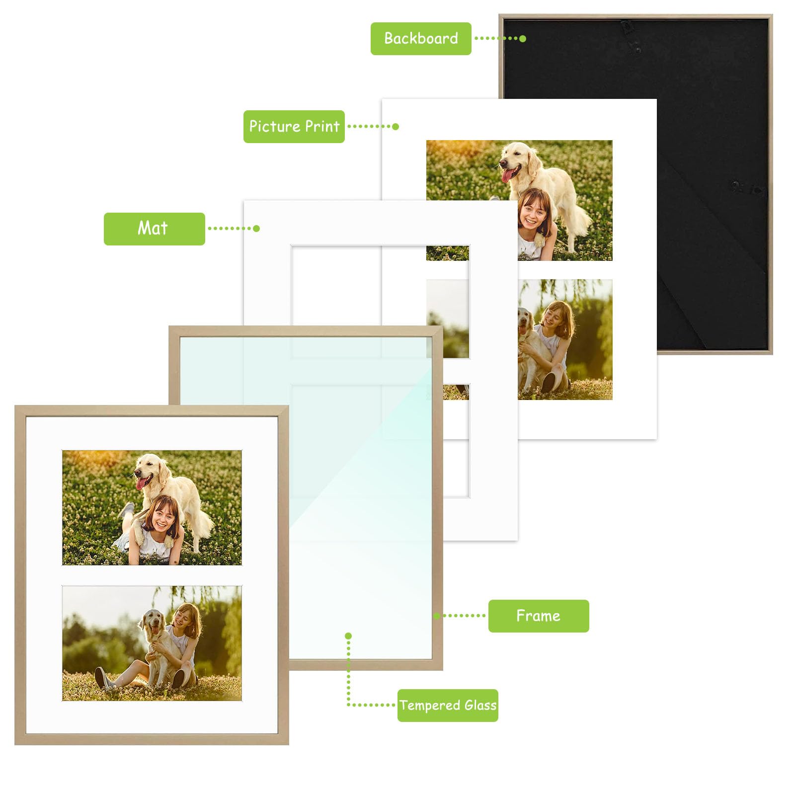 Golden State Art, 4x6 Aluminum Collage Frame, Displays 6x4 Pictures With 2 Openings Mat or One 8x10 Photo, Real Glass, Portrait/